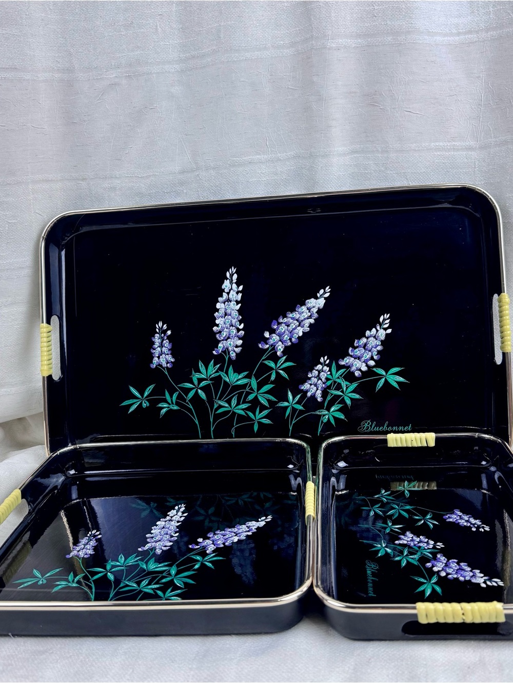 VTG Bluebonnet Black Lacquerware 3 Piece Nesting Trays Jay Import Co., Inc Japan